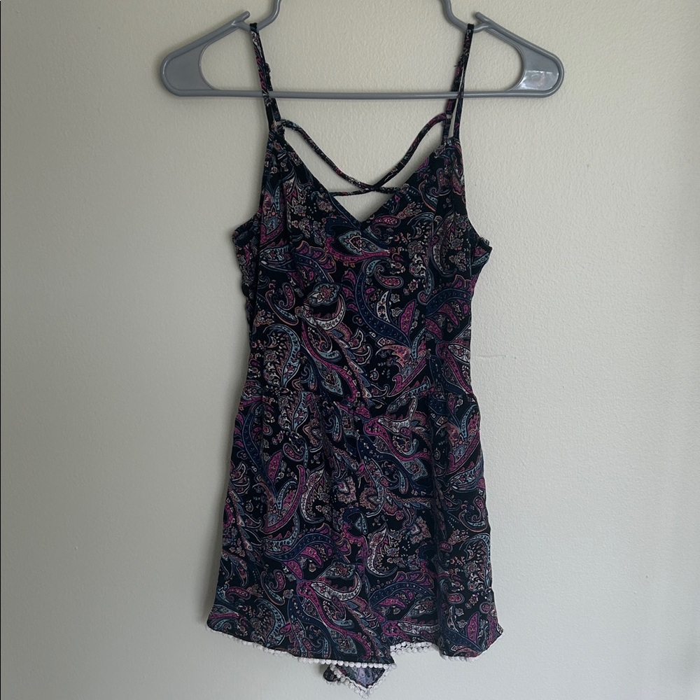 Hollister Women’s Black and Multicolored Paisley Romper with Adjustable Straps